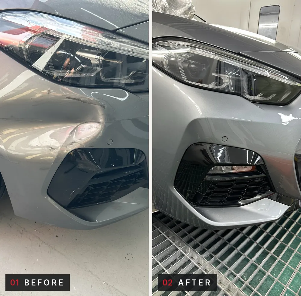Grey BMW front bumper, side by side. Left, before: the bumper corner below the headlight dented and scuffed. Right, after: the corner repaired and refinished in grey.