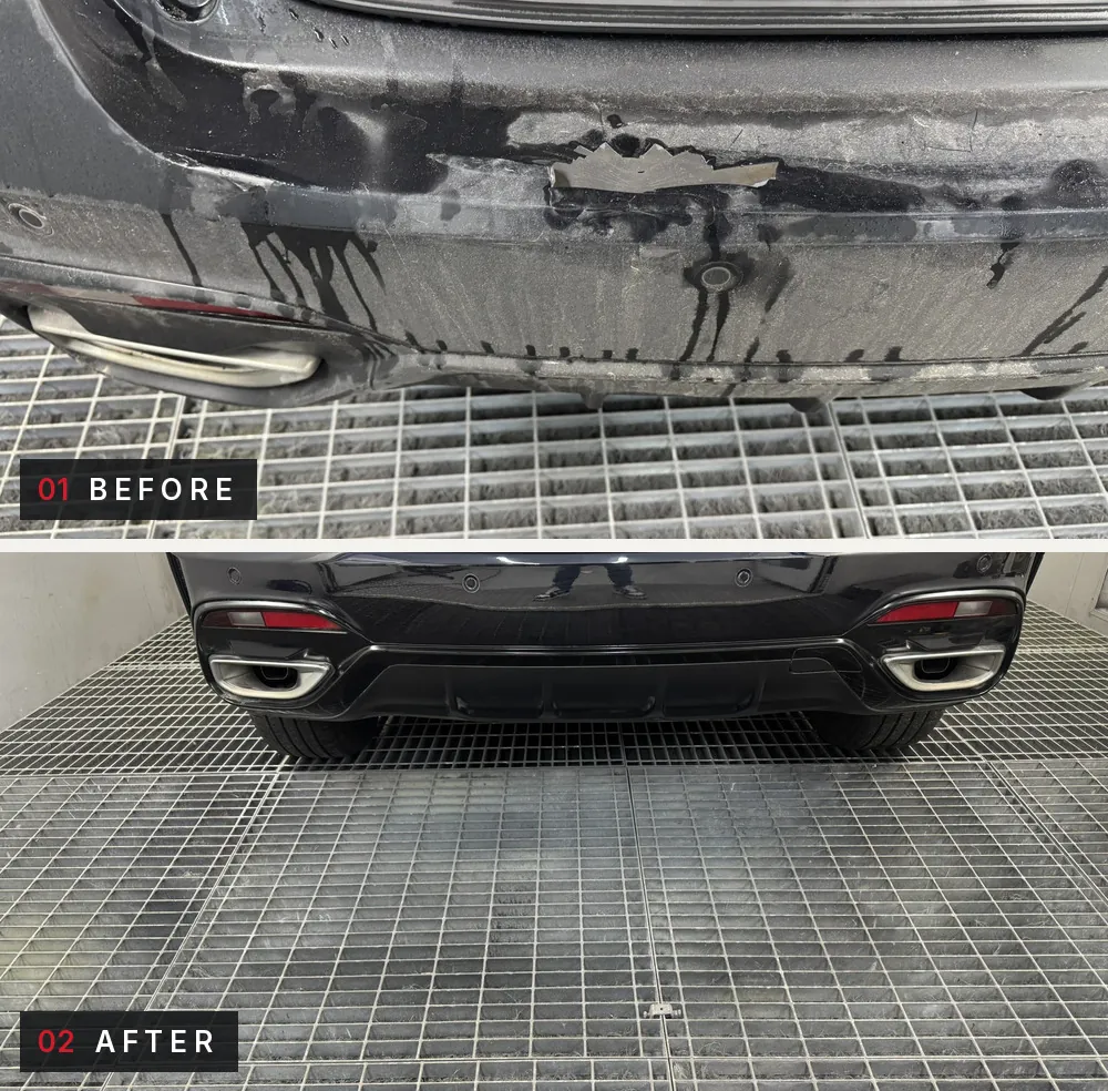 Black Jaguar rear bumper. Before: paint peeling and flaking across the bumper. After: the bumper refinished in smooth gloss black.