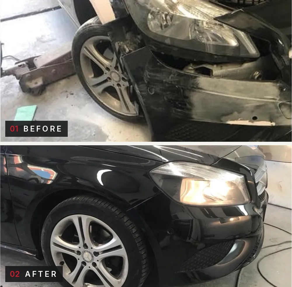 Black Mercedes front corner. Before: crash damage with the bumper broken and pushed in by the wheel. After: the front corner repaired with the bumper and headlight back in place.