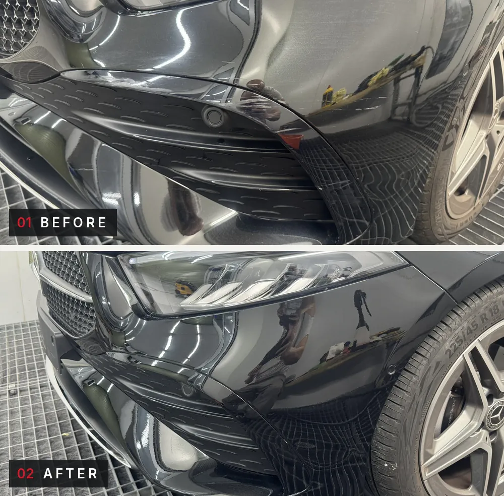 Black Mercedes front bumper. Top, before: the bumper corner scuffed and split beside the wheel. Bottom, after: the same corner repaired and refinished in gloss black.