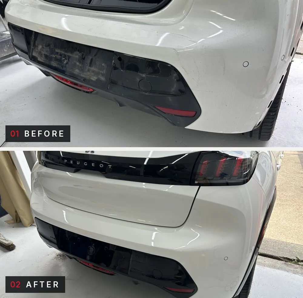 White Peugeot rear bumper. Before: scuffs and scrapes across the lower bumper. After: the bumper refinished in clean white.