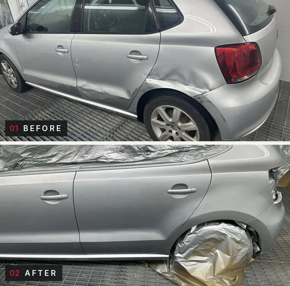 Silver Volkswagen Polo. Before: a dent and scrape on the rear wheel arch and lower side. After: the side panel repaired and refinished in silver.