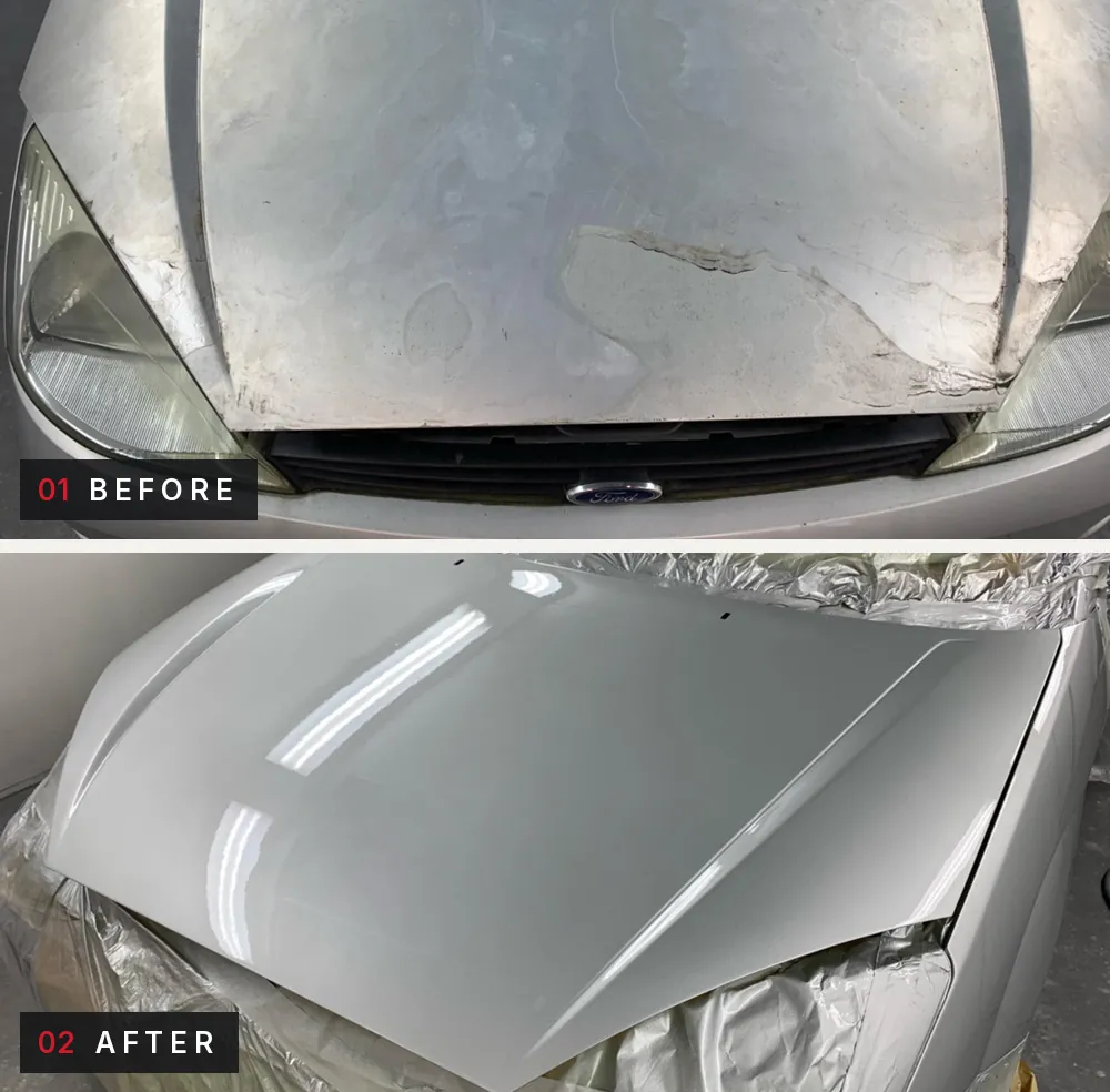 Silver bonnet. Before: worn, peeling paint across the bonnet. After: the bonnet refinished in glossy silver.