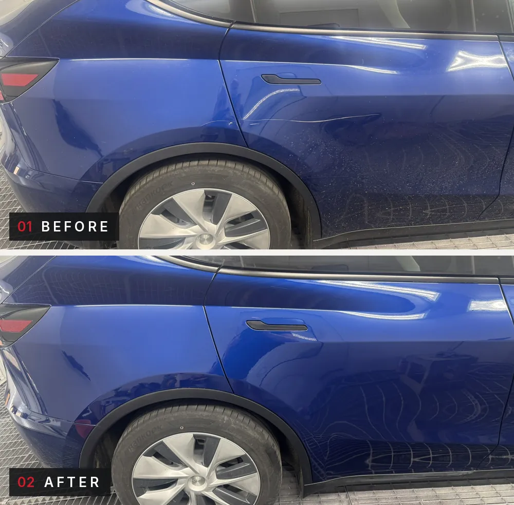 Blue Tesla rear door. Before: scratches and marks along the door. After: the door refinished in clean, glossy blue.
