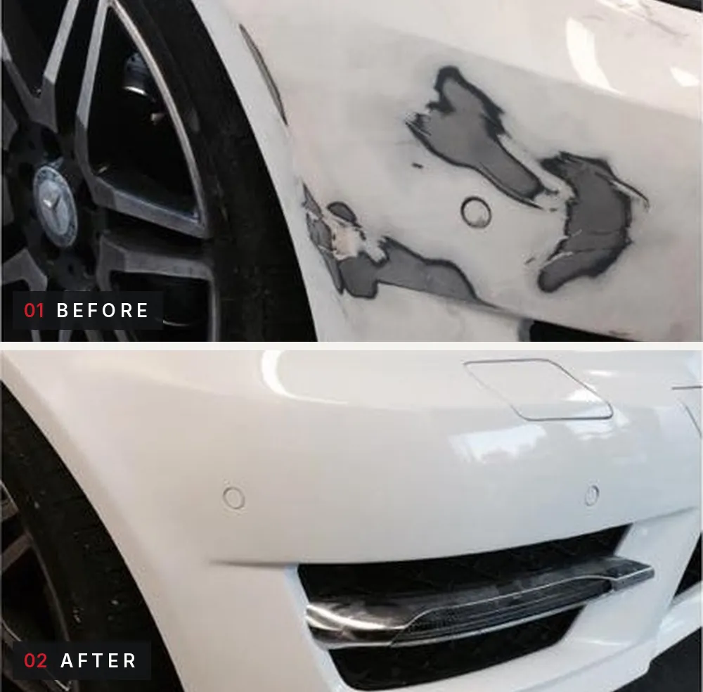 White Mercedes front bumper. Before: large patches of paint scraped off down to the grey underneath. After: the bumper refinished in clean white.