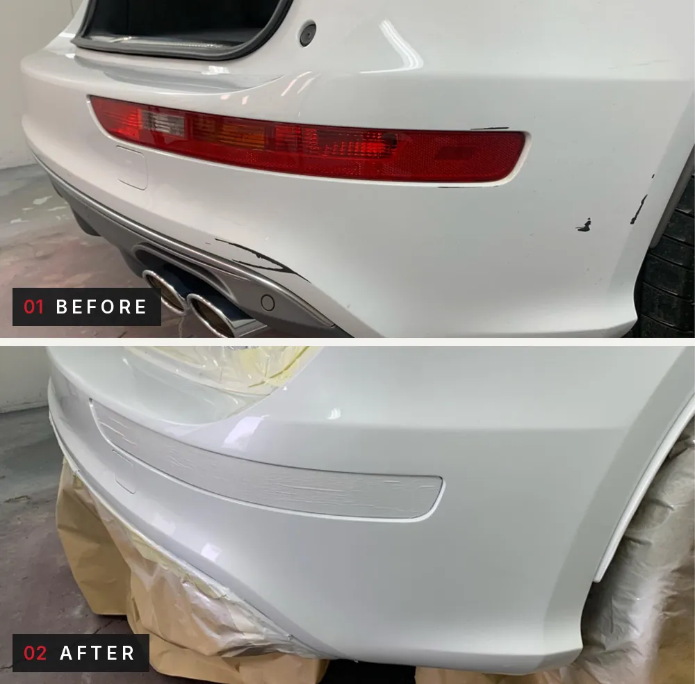 White car rear bumper. Before: chips in the paint at the bumper corner. After: the corner refinished in smooth white.